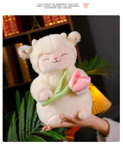 Cute sleeping sheep plush toy holding pink flower and soft pillow for kids gift