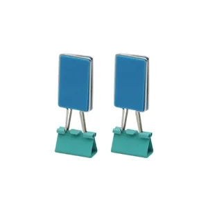 Colorful creative advertising binder clips set, rectangular blue and teal office clips for use.