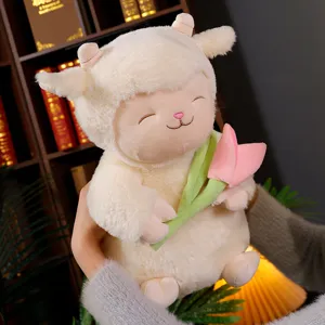 Cute sleeping lamb plush toy holding flower stuffed animal doll birthday gift pillow for kids