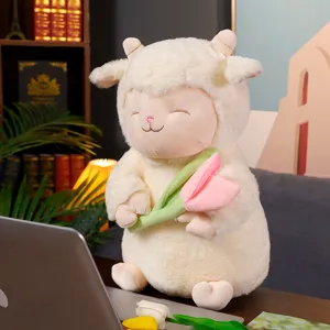 Cute sleeping little lamb plush toy holding flower soft stuffed doll birthday gift pillow