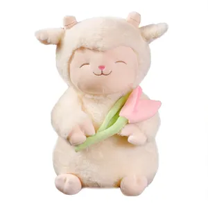Cute sleeping lamb plush toy holding pink tulip soft stuffed doll companion gift for kids.