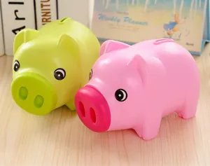 Cute plastic pig piggy bank coin saving jar desktop decoration in pink and green colors