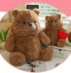 Cute brown teddy bear plush toy holding red heart Valentine gift soft doll for girls