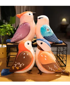 Cute plush bird toy detail view, colorful stuffed animal doll for kids playtime and decor.