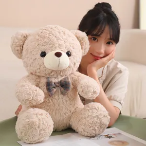 Cute sitting teddy bear plush toy with plaid bow tie soft stuffed animal doll pillow