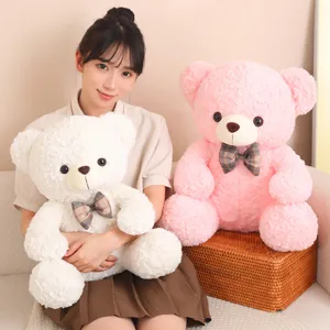 Cute sitting teddy bear plush toy with bow tie soft stuffed doll for kids and girls sleeping.