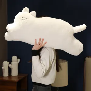 Cute white cat plush long pillow, soft stuffed animal sleep companion and bed cushion for girls.