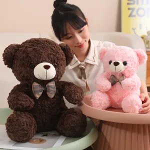 Cute sitting teddy bear plush toys set, brown and pink soft stuffed animals with plaid bow ties.
