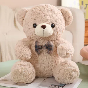 Cute sitting teddy bear plush toy with plaid bow tie soft hugging doll for kids sleep