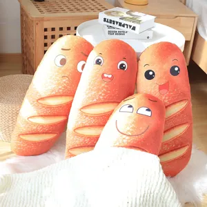 Cute French bread plush pillow with funny cartoon expressions, soft toast cushion for home decor.