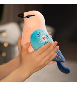 Close-up detail view of a cute pink plush bird toy featuring delicate embroidered blue wings.