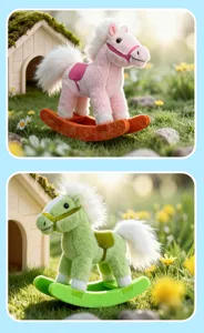 Close up detail of cute colorful plush rocking horse toy set, soft toy pony for kids gift.