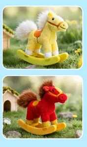 Detailed close-up view of colorful plush rocking horse toys on grassy outdoor background.