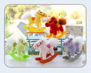 Detailed view of colorful plush rocking horse toys set, cute pony dolls for kids gifts.