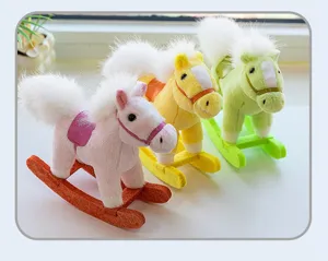 Detailed view of colorful plush rocking horse toys, soft toy ponies with wooden-style rocking bases.