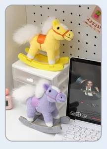 Close-up detail of cute colorful plush rocking horse toy, featuring soft fabric and mini design.