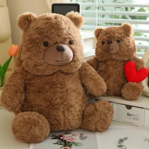 Cute brown teddy bear plush toy with red heart, soft stuffed animal gift for kids and girls.