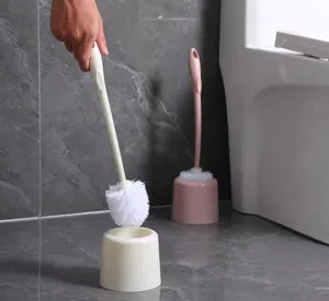 Long-handled toilet brush set with holder detail view, clean bathroom cleaning tool for daily use.
