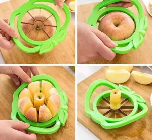 Vue détaillée du coupe-pomme vert avec des lames en acier inoxydable sur une planche en bois.