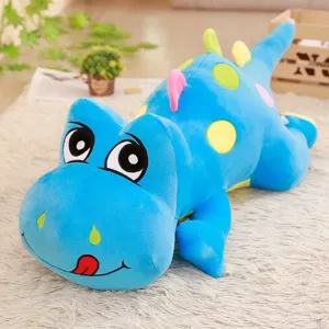 Simpatico cuscino di peluche a forma di dinosauro blu per bambini, morbido animale di peluche.