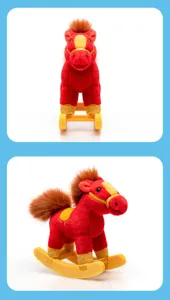Detailed view of red plush rocking horse toy with yellow accents, showing texture and design features.