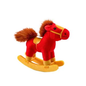 Cute small plush rocking horse toy, red pony doll with wooden base for kids gift and party.