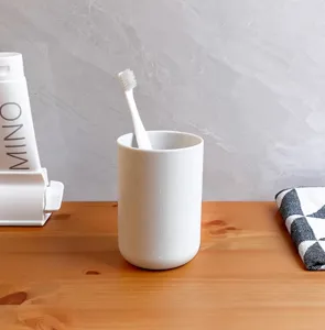 Detailaufnahme eines minimalistischen weissen Zahnbuerstenhalters, modernes Bad Accessoire clean.