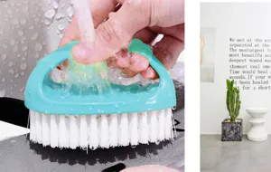 Multipurpose cleaning brush with ergonomic handle for washing shoes, clothes and household items.