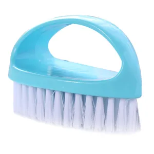 Detailed close-up of the colorful ergonomic cleaning brush, showing dense white bristles.