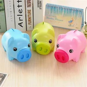 Cute plastic piggy bank for kids, shatterproof coin saving pot with cute animal design.