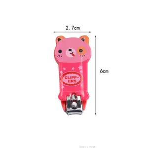 Detailed close-up of cute pink cartoon animal nail clipper with metal cutting edge and compact size.