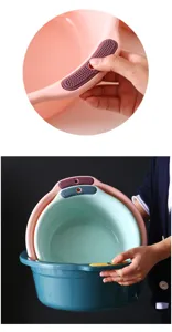 Close-up detail showing the hanging hole and anti-slip handle design of plastic washbasin.