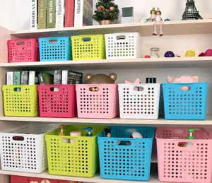 Plastic hollow desktop storage basket multi-color organizer box for snacks and sundries.