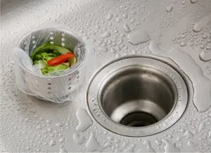 Disposable sink filter mesh bag detail shot, fine mesh strainer for kitchen waste and food scrap.