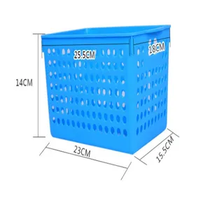 Blue plastic desktop storage basket with mesh design and clear dimension marks for office.