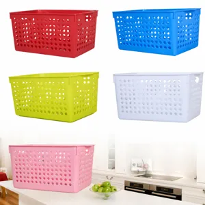 Plastic storage basket multi-color hollow organizer bin with handles for desktop office