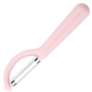 Éplucheur de légumes de cuisine en acier inoxydable avec poignée ergonomique rose pratique.