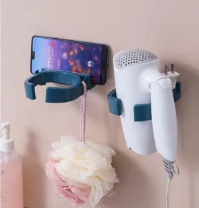 Punch-free bathroom wall-mounted hair dryer holder, convenient storage rack for easy organization.
