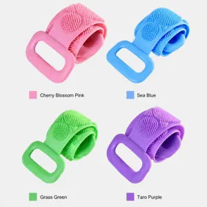 Silicone bath body scrubber detail view, double-sided massage brush with handle in multiple colors.
