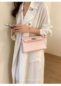 Pink crocodile pattern leather shoulder bag classic retro style daily crossbody bag for women