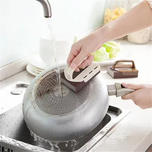 Heavy Duty Kitchen Cleaning Sponge Brush with Plastic Handle Emery Scrubber Pad for Pot Pan Rust Removal