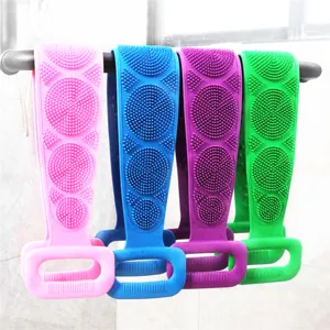 Silicone bath body scrubber dual-sided back exfoliating belt with handles for shower.