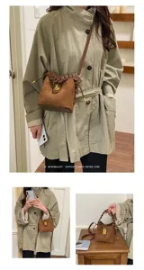 Borsa a secchiello in camoscio stile Maillard da donna, elegante borsa a tracolla intrecciata.