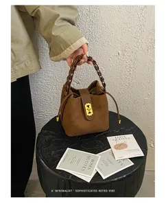 Borsa Secchiello in Scamosciato Stile Maillard Donna Manico Intrecciato Borsa Metallo