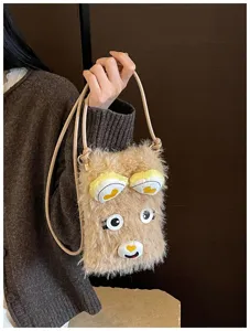 Flauschige Plüsch Umhängetasche für Handys mit süßem Cartoon Gesicht, warme Handtasche.