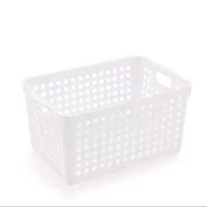 White plastic storage basket with hollow grid pattern and handles for desktop and home organization.