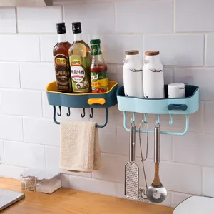 Minimalistisch Kunststof Wandopbergrek Punchvrij Tweekleurig Badkamer Keuken Hangende Plank Met Haken