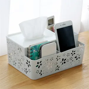 Caja de panuelos de escritorio multifuncional y organizador de control remoto con flores.