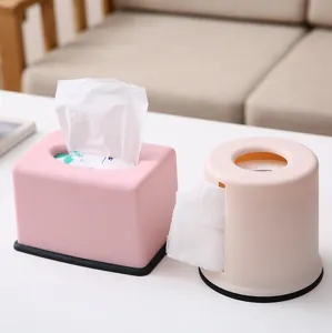 Pink plastic tissue box and roll paper holder set, cute minimalist desktop organizer for home.