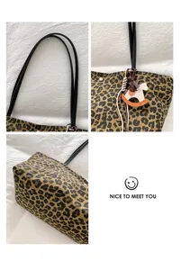 Leopard Print Tote Bag Large Capacity Casual Shoulder Bag with Cute Wooden Horse Pendant